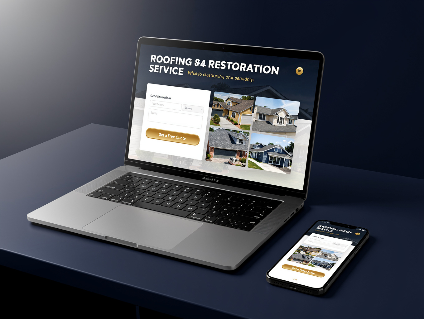 Sample roofing contractor website layout displaying pitched tile replacement and emergency repair options