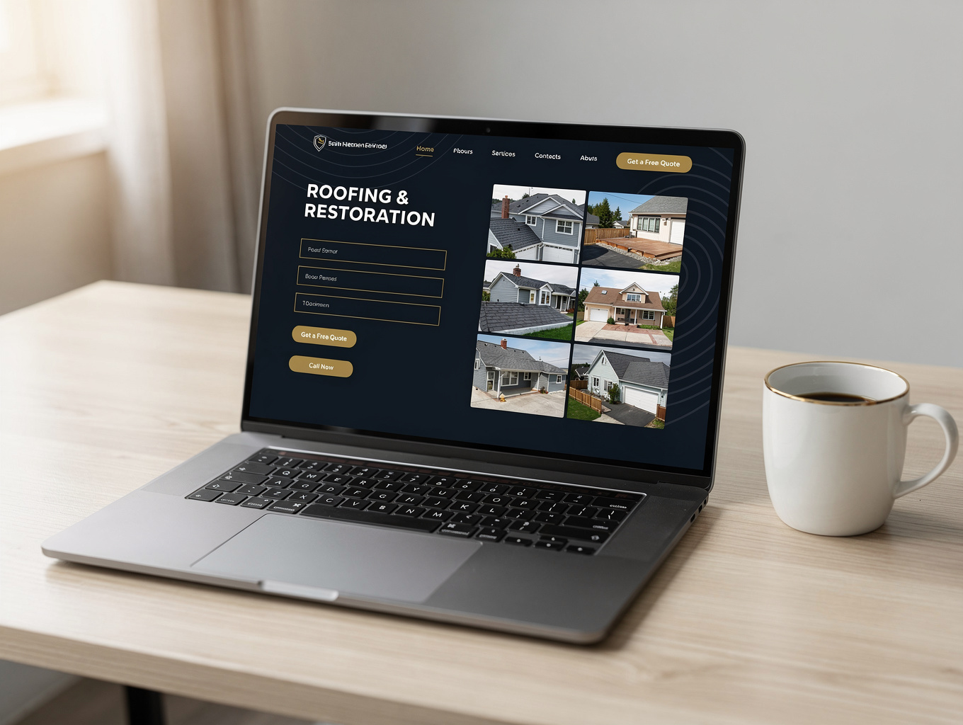 Laptop and smartphone on a contractor desk displaying a responsive roofing website layout